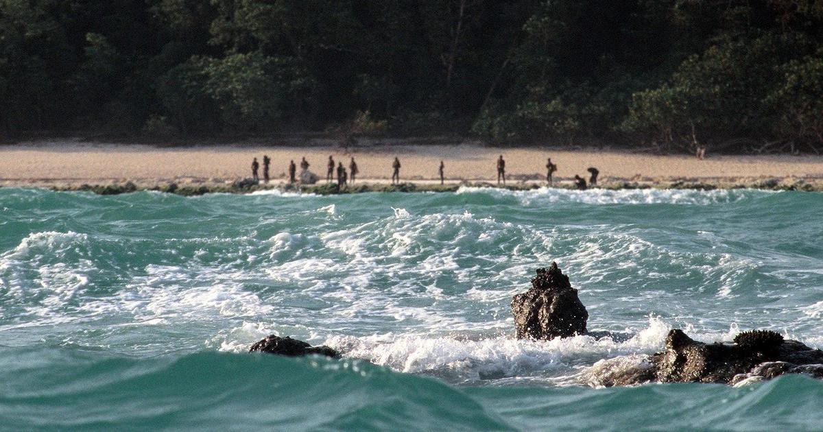 Late afternoon light over the protected coastline near the Sentinelese community.